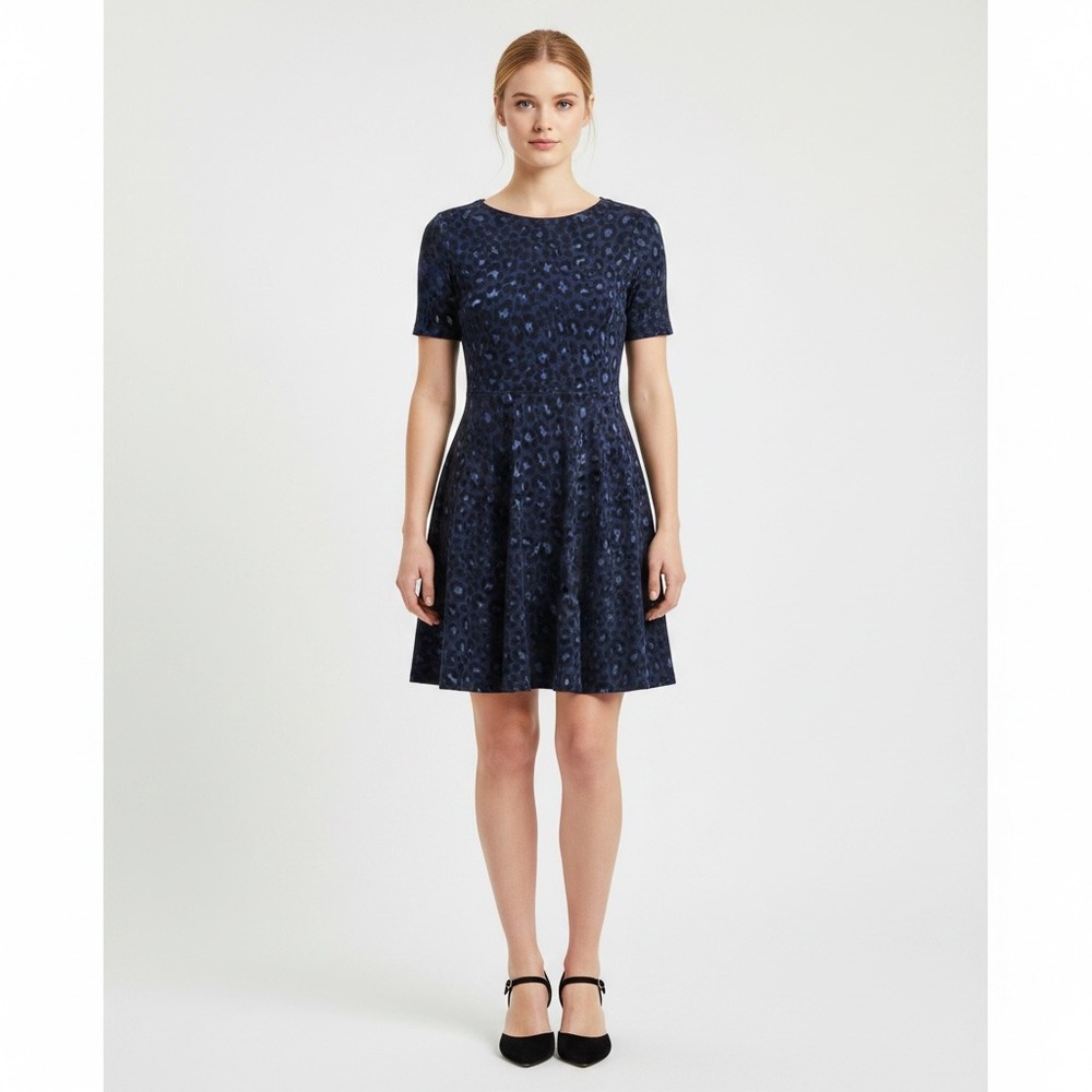 Kate Spade Fit Flare Stretchy Broome Leopard Lace Up Dress XS Navy Short‎ Sleeve